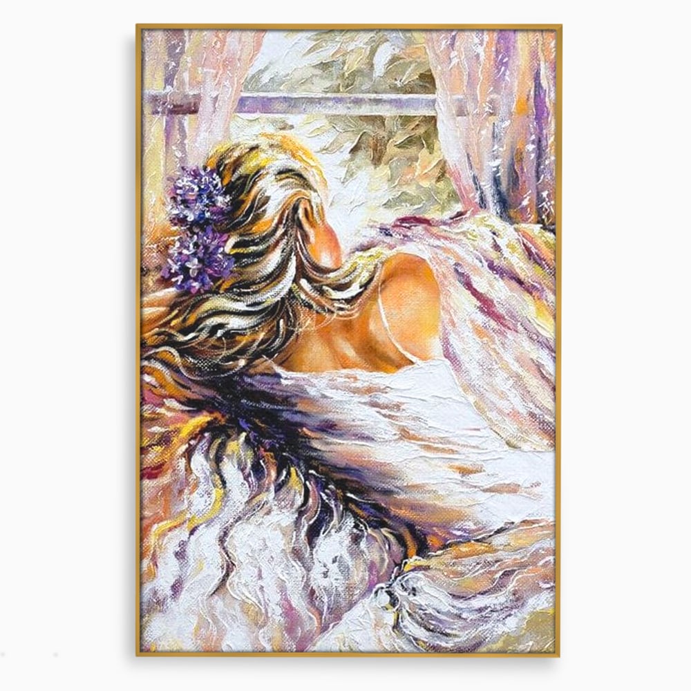 Tablou canvas cu tablou canvas cu femeie privind pe fereastra, in rama de aluminiu auriu